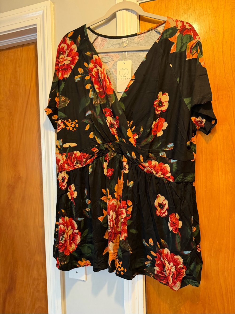 Floral Wrap Front Short Sleeve Top - Black with Red & Green Bloom